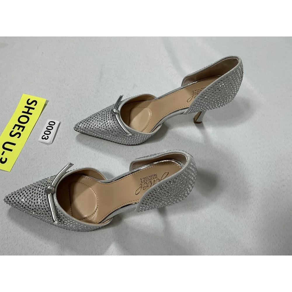 Woman’s NWOT Jewel Badgley Michka Slip On Stiletto Pumps 7 Silver Rhinestone Bow - Picture 2 of 8